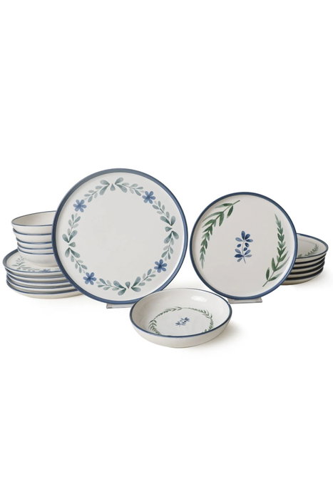 Hermia Juego de cena de 18 piezas en cerámica blanco, azul y verde Hermia Juego de cena de 18 piezas en cerámica blanco, azul y verde